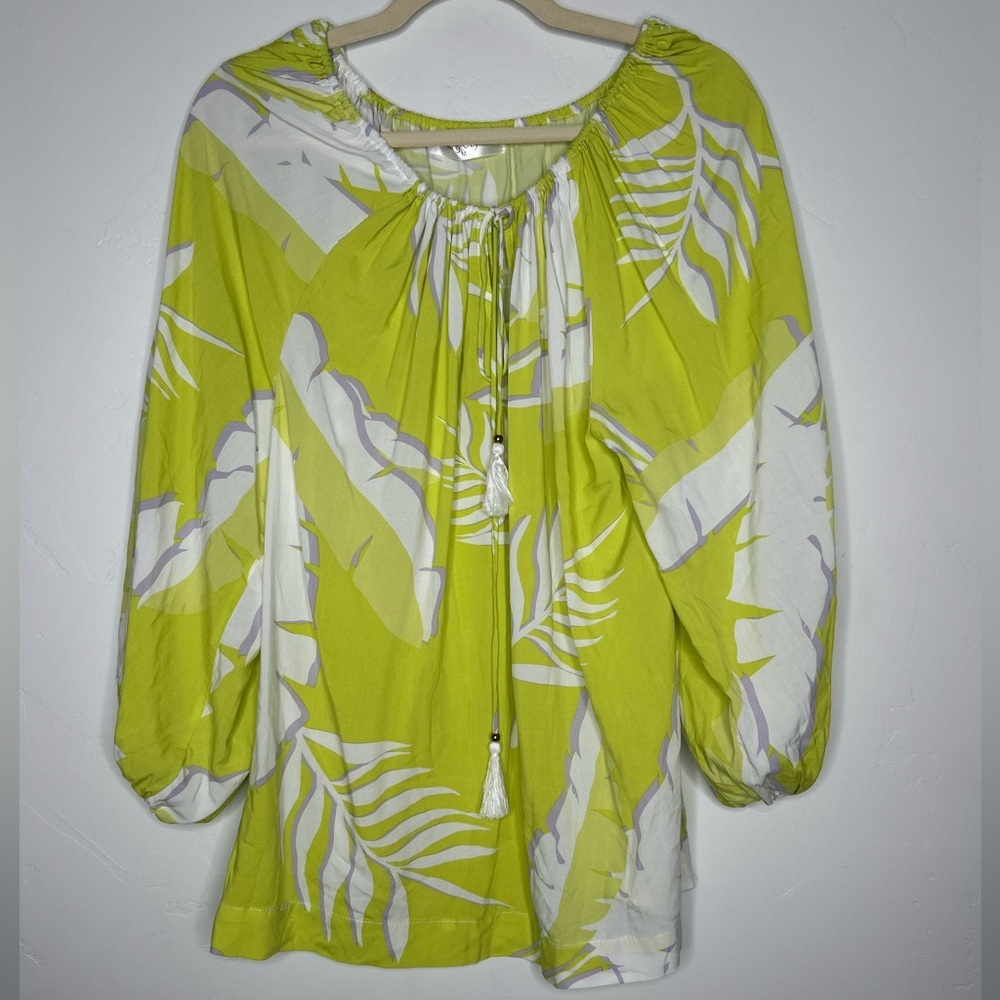 Maria & Kyndals Chartreuse Lavender White Leaf Print Blouse Tassels Tropical Med